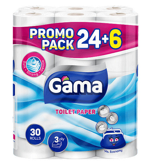 Тоалетна хартия GAMA 100% цел. 3 пл. 30 бр.